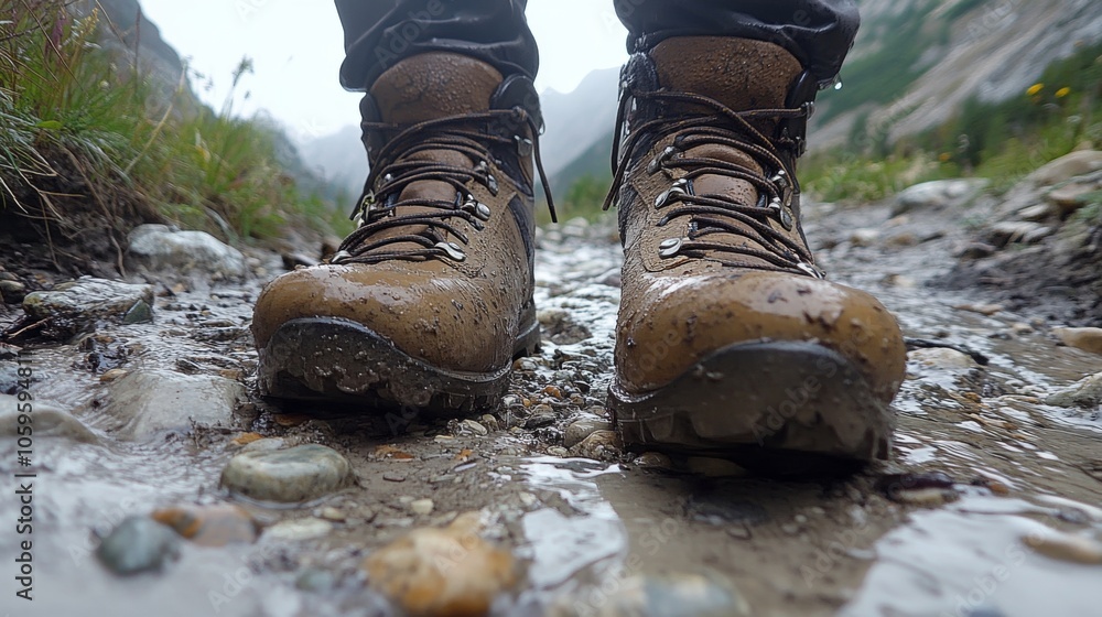 Poster a hiker's boots are submerged in a muddy path, surrounded by rocky terrain, under a cloudy sky. the 