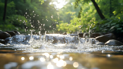 Fototapeta premium Water Droplets Splashing in Stream with Green Forest Background - Realistic Photo