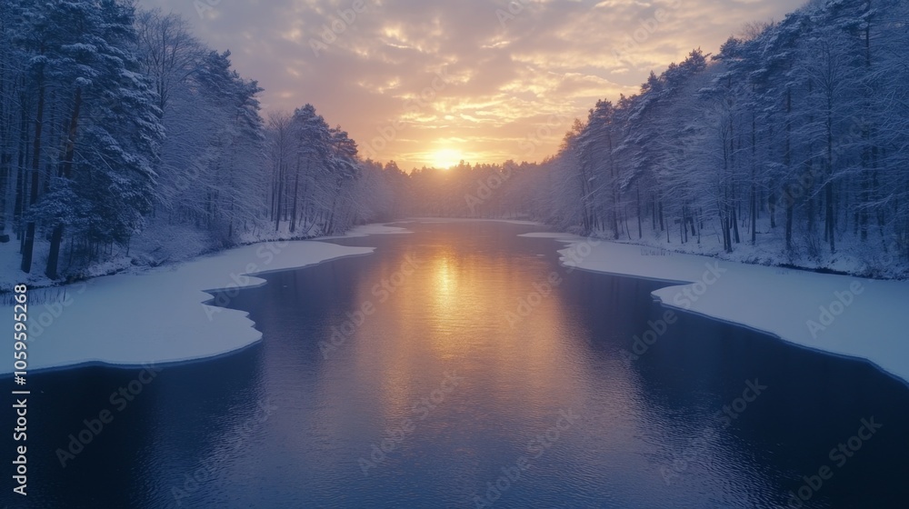Poster a calm winter evening reveals a stunning sunset reflecting off a partially frozen river. snow-laden 
