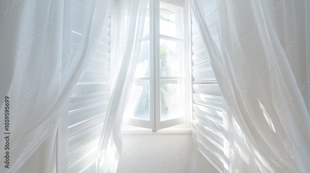 Poster a creative overhead shot of open window shutters with soft white curtains billowing out into the fre