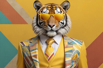 Portrait of hipster tiger wearing eyeglasses and fancy suit