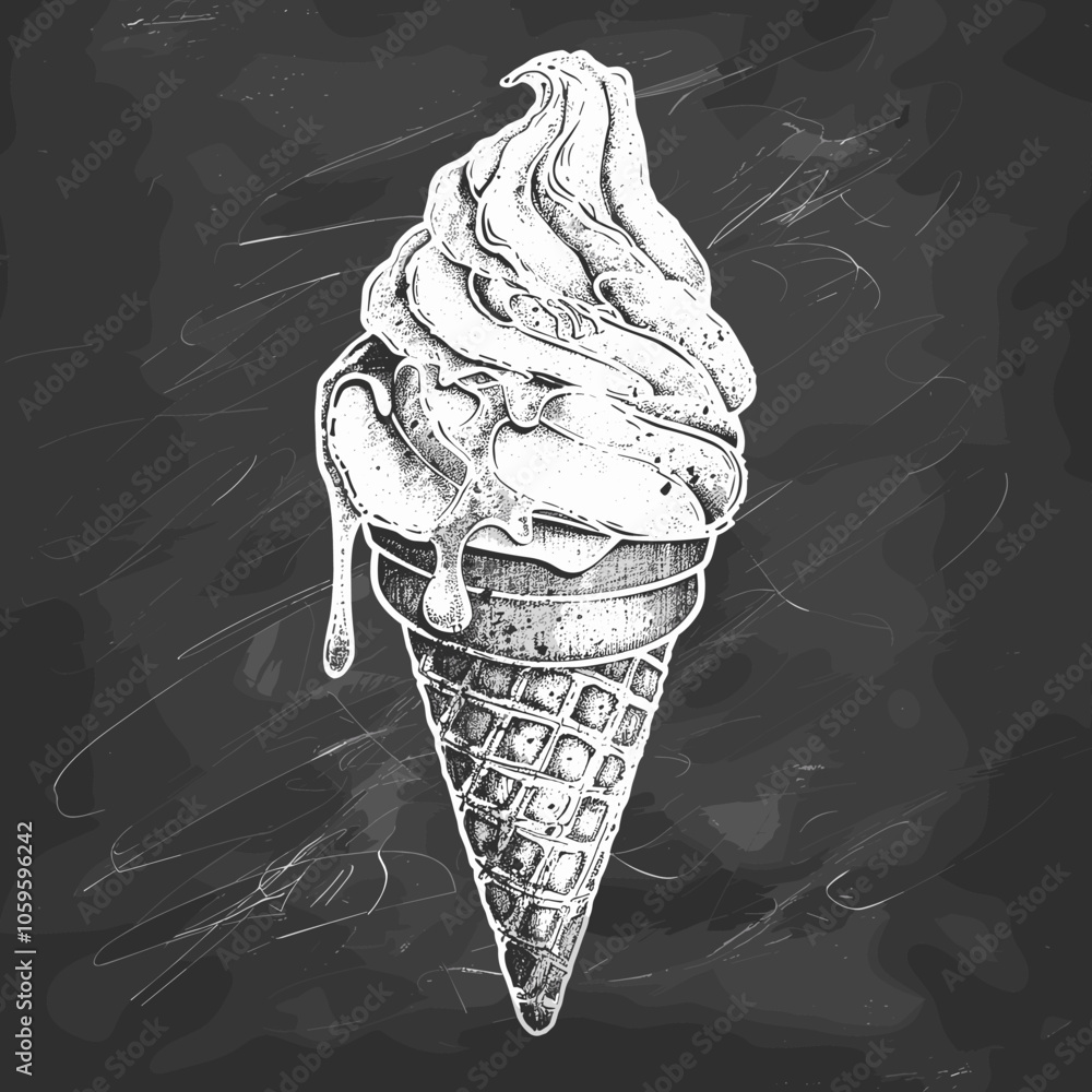 Poster black and white drawing of an ice cream cone with a drizzle of chocolate sauce. concept of nostalgia