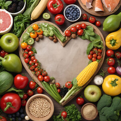 Healthy fruits and vegetables in heart shape