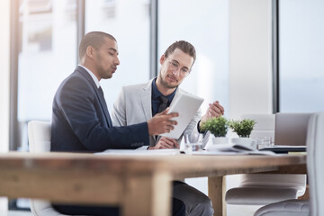 Men, tablet and lawyer team in office with reading, advice or research for compliance at job....