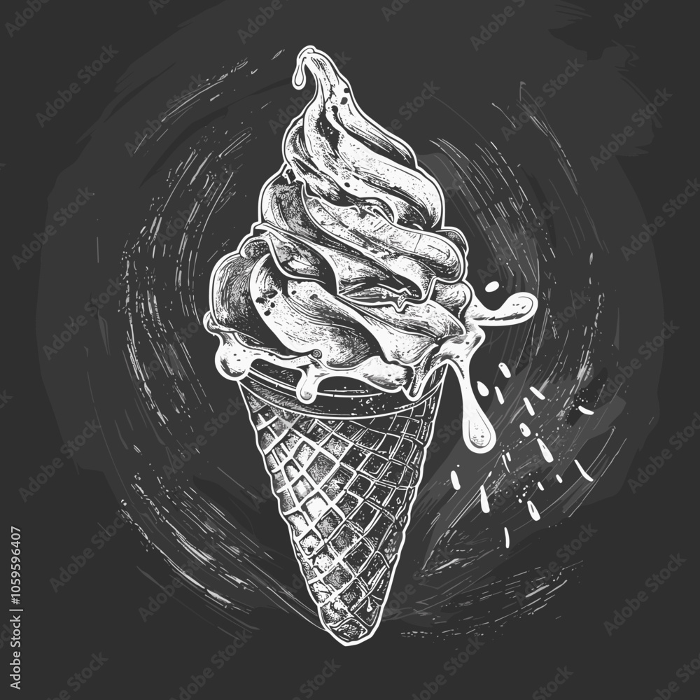 Poster drawing of an ice cream cone with a drizzle of chocolate sauce on top. the image has a vintage feel 
