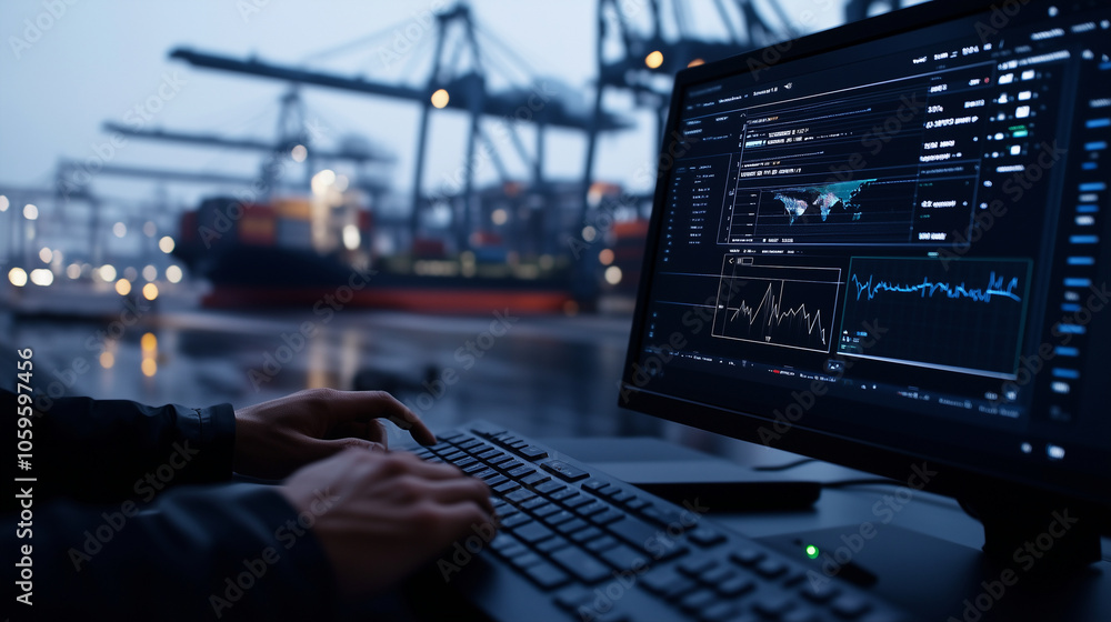 Poster close-up of a computer screen showing precise cargo metrics, with the officerâs hand hovering over