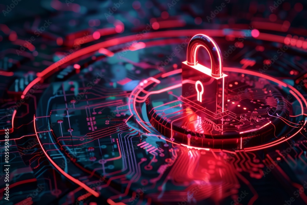 Poster cyber security lock glowing in dark red and blue cyberspace chip surface. neural network ai generate