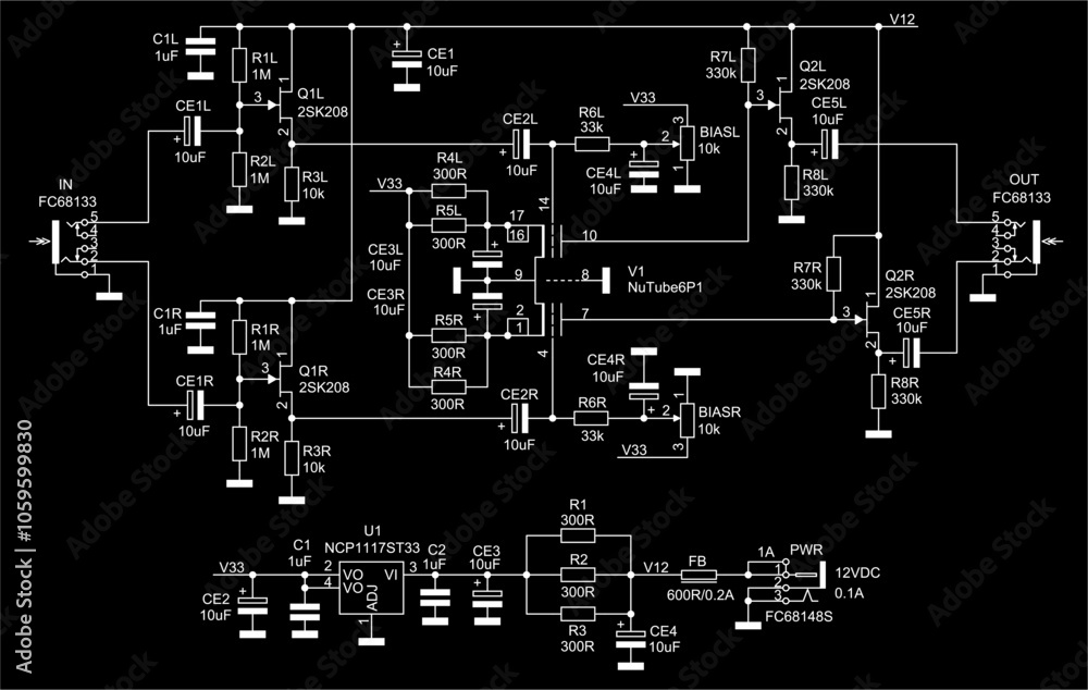 Poster schematic diagram of analog electronic device on paper sheet. vector drawing electrical circuit with