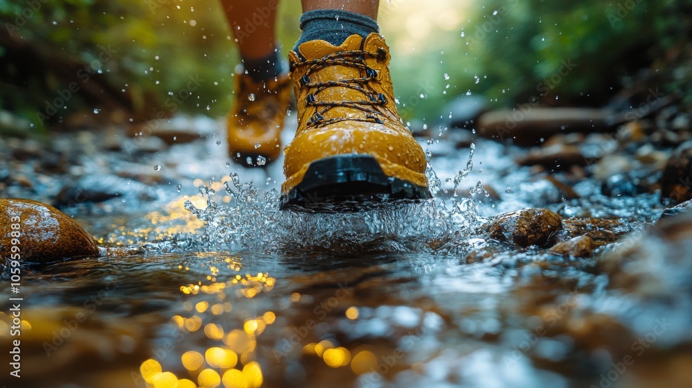 Poster footsteps create splashes in a shallow stream as a hiker explores the forest, showcasing bright yell