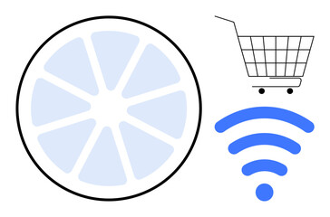 Circular segmented chart, shopping cart, and wireless symbol. Ideal for e-commerce, technology, digital marketing, connectivity and wireless networking. Simple, modern, colorful