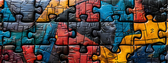 A vibrant and colorful jigsaw puzzle showcasing blue, red, yellow, and orange pieces that fit together harmoniously, creating an artistic design.