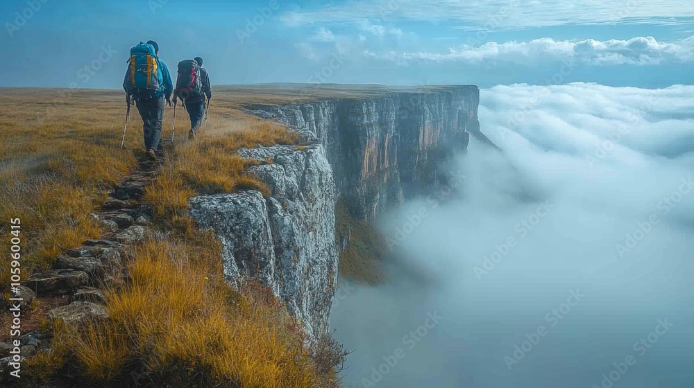 Aufkleber two hikers navigate along a rugged cliff edge surrounded by clouds and mist, showcasing the beauty o