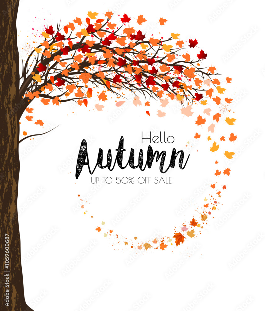 Poster enjoy autumn sale background with trees and colorful flying leaves. vector