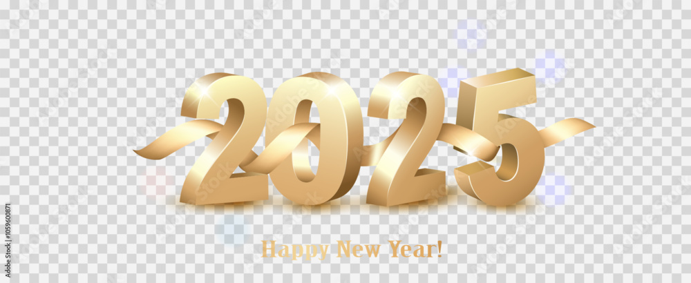 Aufkleber merry christmas and happy new year 2025. golden 3d numbers with gold ribbon on transparent backgroun