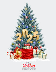 Holiday background with Christmas blue tree with garland and a gold 2025 numbers. Vector.