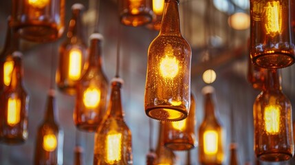 Transforming discarded beer bottles into decorative light fixtures adds creativity and sustainability to any space, emitting a warm glow perfect for bars, restaurants, or breweries