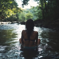 Fototapeta premium Woman bathes in river outdoors