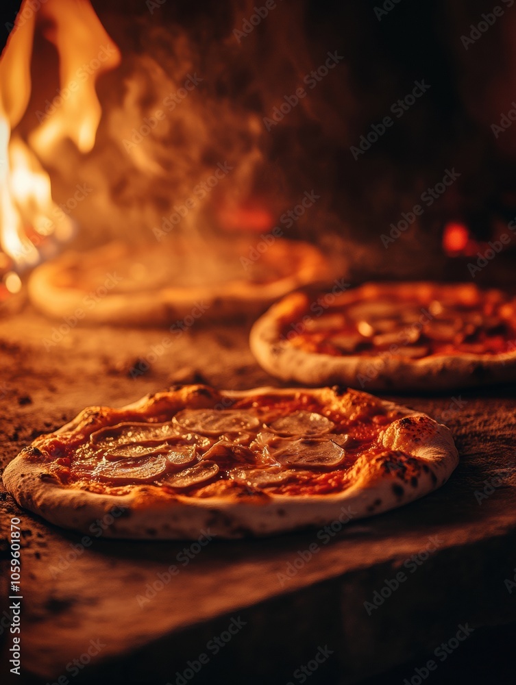 Poster pizzas cook in a wood-fired oven, surrounded by flickering flames and smoke, creating a delicious an