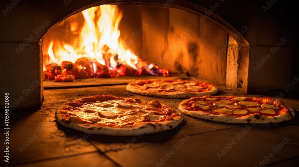 Poster Several pizzas are baking in a traditional oven, roasting in the intense flames that create a crispy and flavorful crust. Generative AI