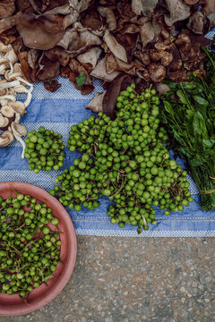 Mushrooms and vegetables at a Laos Street Food Market