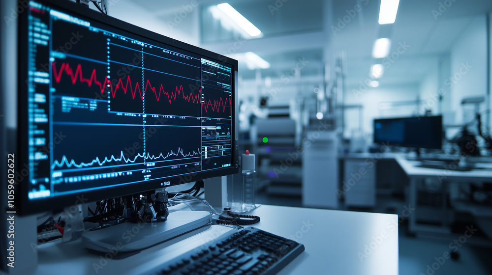 Poster a state-of-the-art seismograph in a clean laboratory environment, displaying earthquake waveforms in