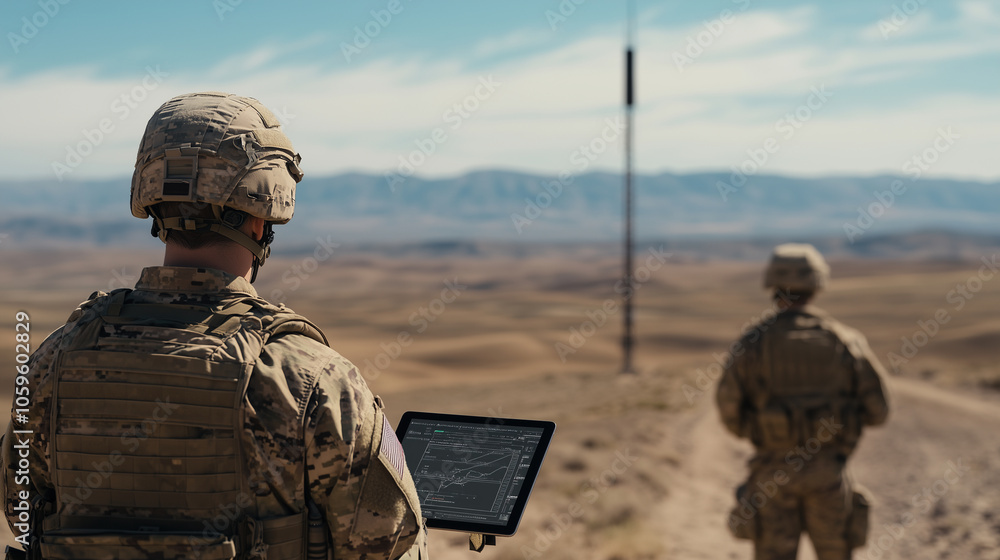 Poster troops in a remote border outpost monitor real-time surveillance feeds on a tablet, with a starlink 