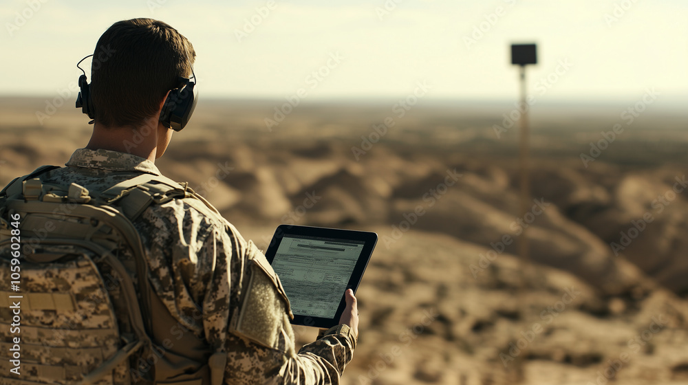 Poster troops in a remote border outpost monitor real-time surveillance feeds on a tablet, with a starlink 