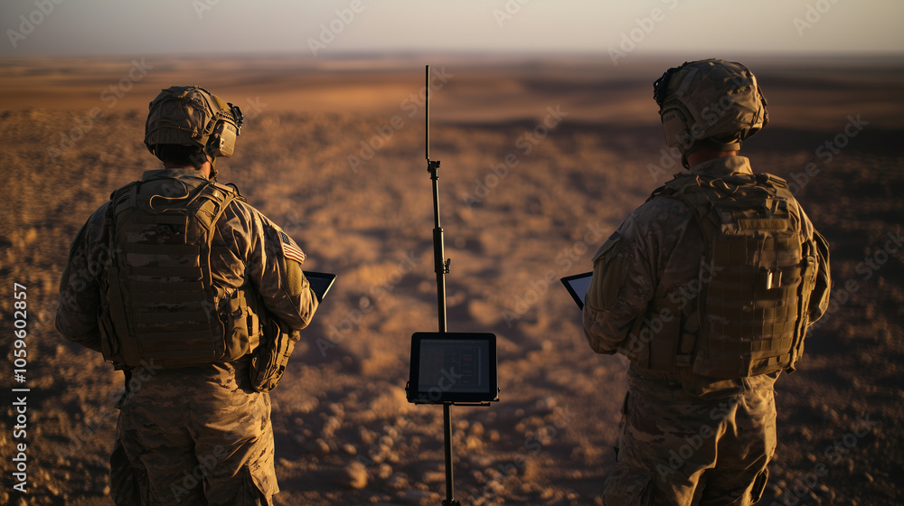 Poster troops in a remote border outpost monitor real-time surveillance feeds on a tablet, with a starlink 