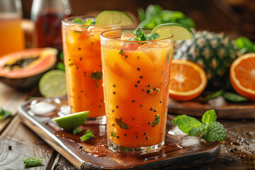 Iced tea with passion fruit, mint and ice on wooden background