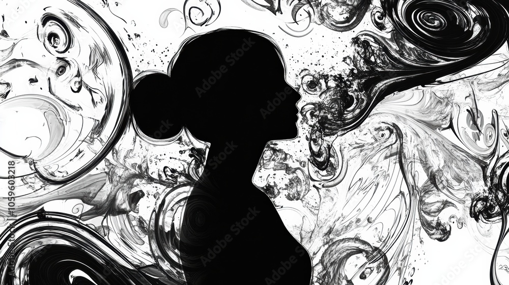 Fototapete an abstract silhouette is contrasted by a swirling pattern, highlighting a creative blend of shapes 