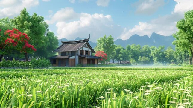 Charming house set amidst vibrant green rice fields, surrounded by nature and under a bright blue sky.
Seamless looping 4k time-lapse virtual video animation Generated AI