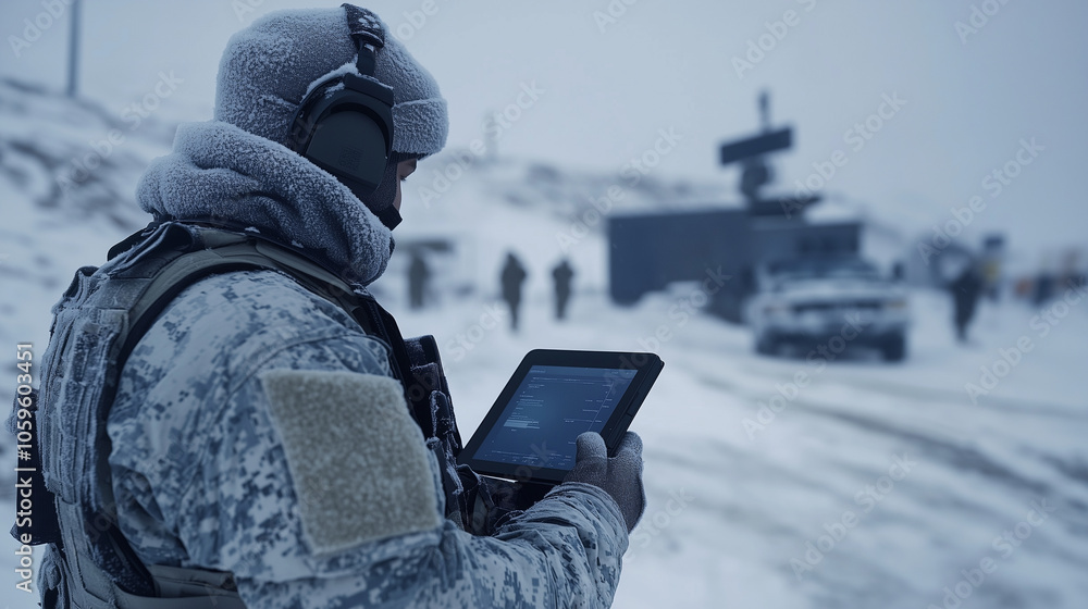 Poster at a remote, snow-covered border outpost, troops rely on a tablet connected to a starlink antenna, m