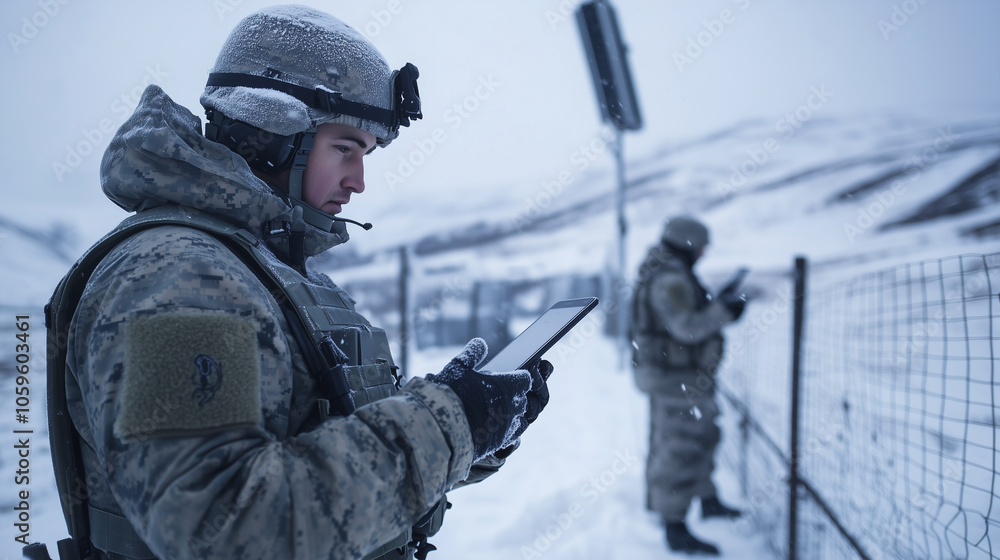 Poster at a remote, snow-covered border outpost, troops rely on a tablet connected to a starlink antenna, m