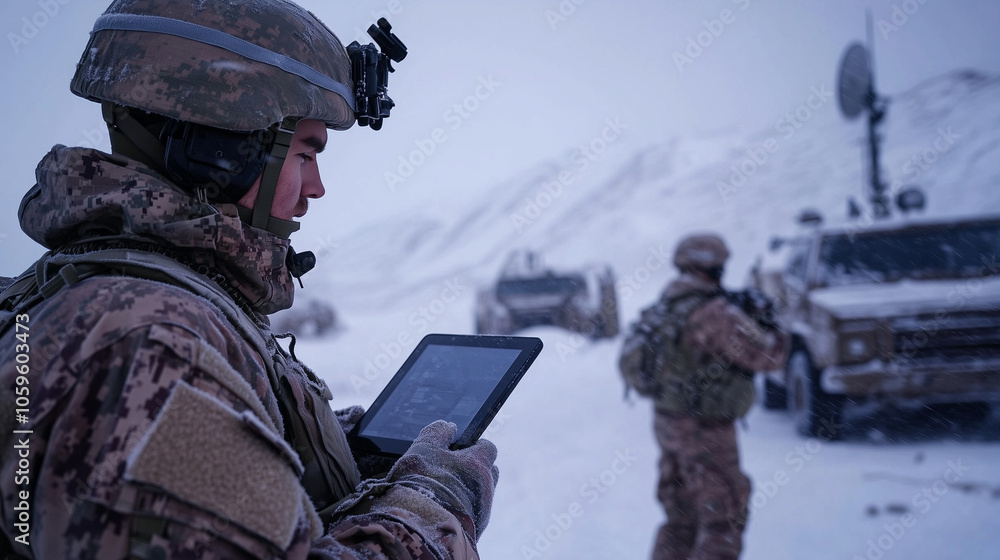 Poster at a remote, snow-covered border outpost, troops rely on a tablet connected to a starlink antenna, m