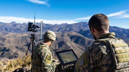 Soldiers monitor surveillance footage on a tablet, sitting next to a Starlink antenna in the rocky terrain of a remote border outpost, ensuring constant satellite communication des