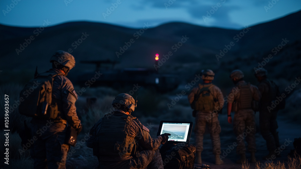 Poster in a remote desert outpost, troops huddle around a tablet displaying surveillance footage, with a st