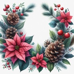 Fototapeta premium Watercolor-style frame of winter flowers and leaves. Pinecones, poinsettia flowers and fir branches on wite background. Seasonal Christmas design template.