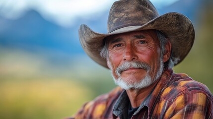 Fototapeta premium Portrait of senior cowboy wearing hat in montana ranch