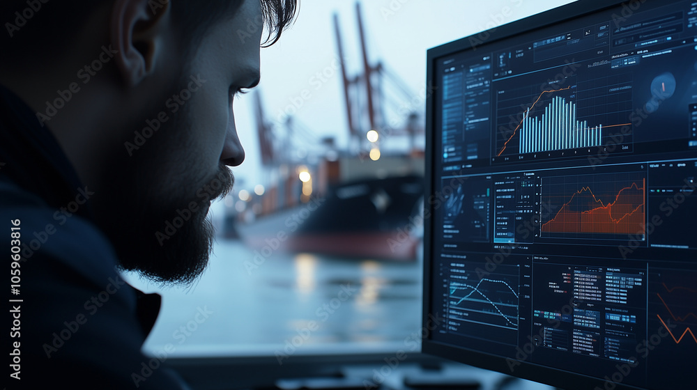 Aufkleber detailed close-up of an officerâs face reflected on a computer screen, cargo metrics and shipment 