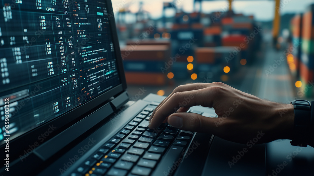 Poster an officerâs hand types swiftly on a keyboard while checking cargo metrics on a digital screen, wi