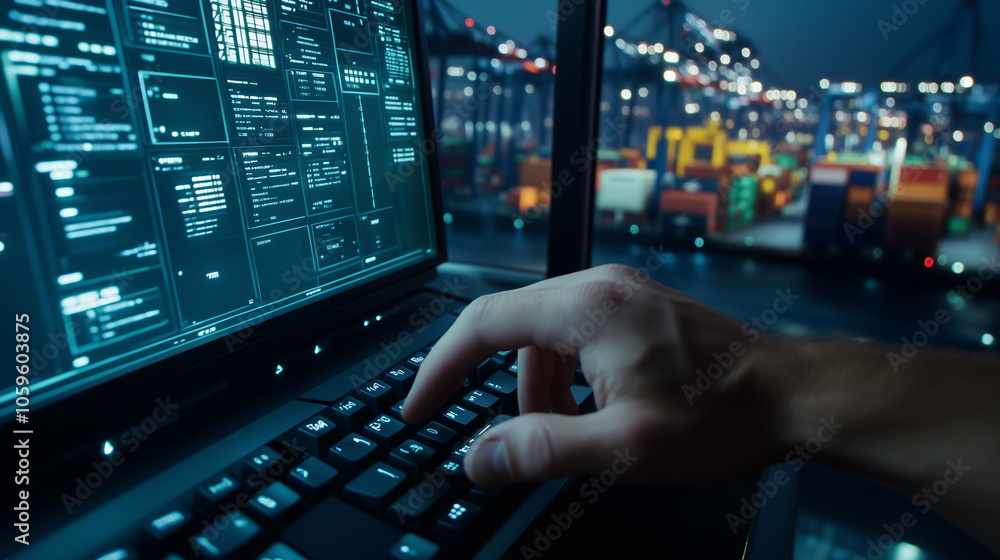 Poster an officerâs hand types swiftly on a keyboard while checking cargo metrics on a digital screen, wi