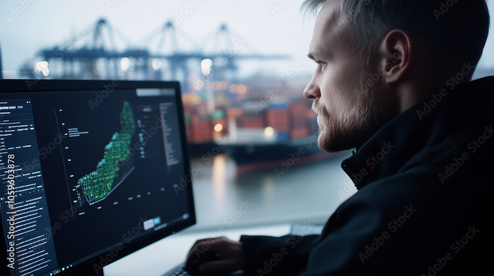 Poster close-up of an officer scrolling through shipping manifests and cargo metrics on a computer, with th