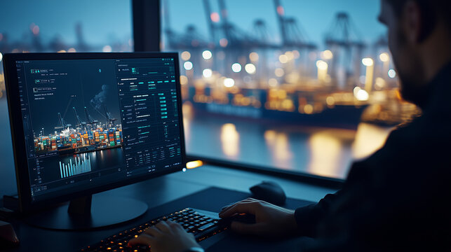 Close-up of an officer scrolling through shipping manifests and cargo metrics on a computer, with the busy port operations blurred in the background through the office window.