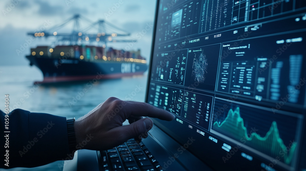 Poster close-up of a digital screen filled with cargo metrics, with the officerâs hand entering data as c
