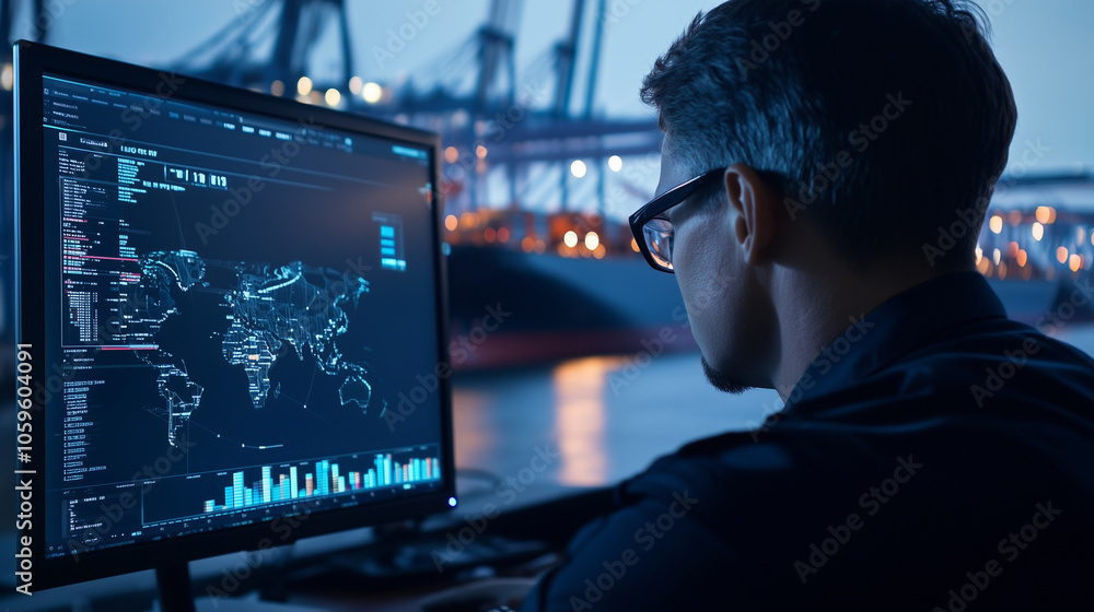 Aufkleber a close-up of an officerâs concentrated gaze on the computer screen, where cargo metrics and real-