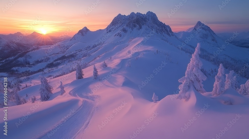 Aufkleber a breathtaking view of a winter sunrise illuminating snow-draped mountains. the serene landscape fea