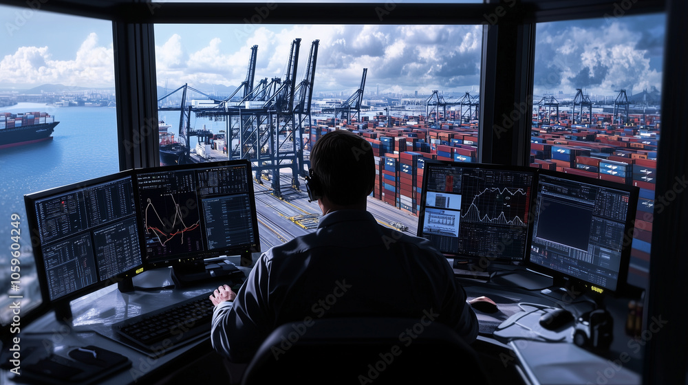 Poster the officer taps on a computer keyboard, surrounded by cargo statistics, while the window offers a v