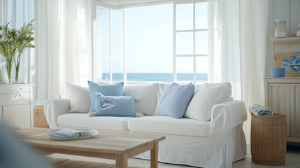 Fototapeta premium Coastal interior design of modern living room with white sofa and ocean view 