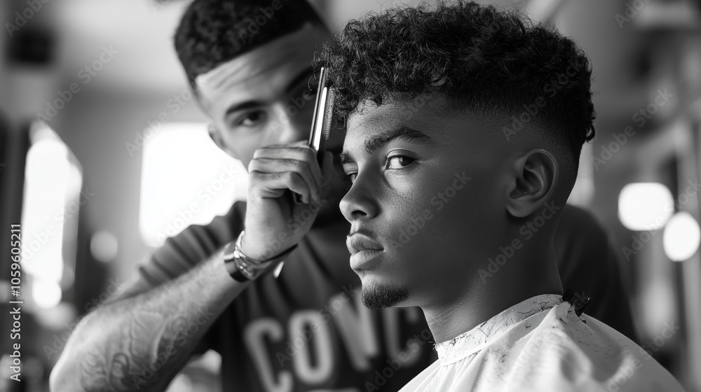 Wall mural Latino barber focused on lining up mixed race boy's hair in barbershop