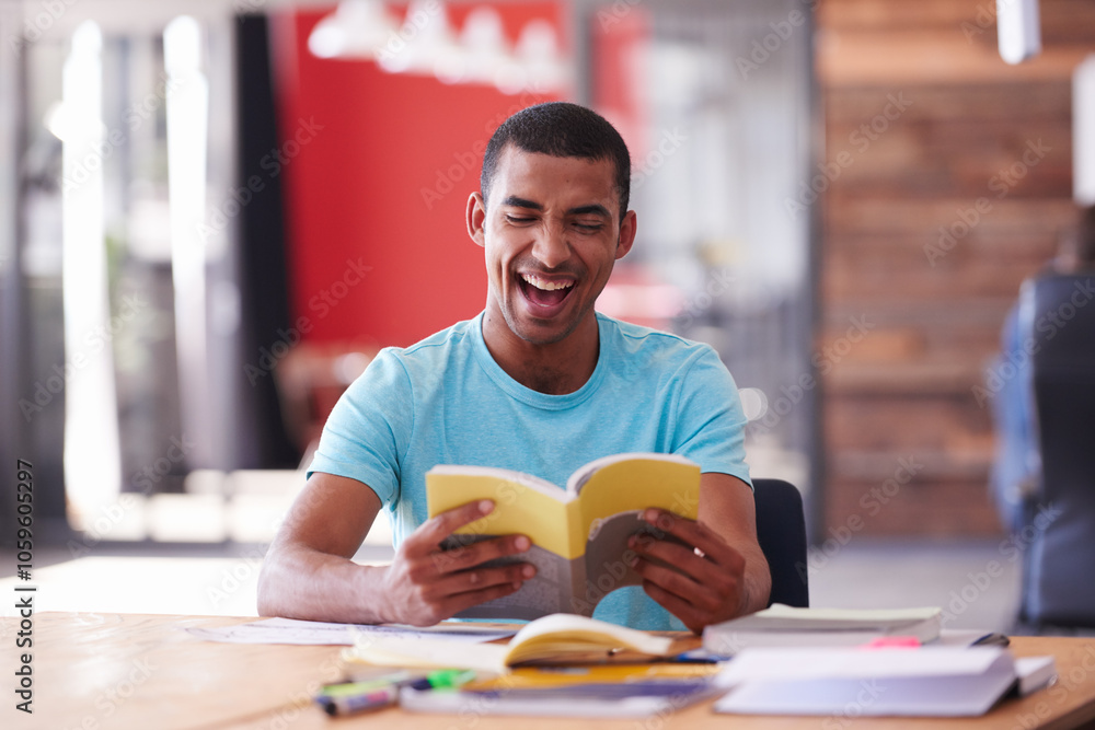 Poster man, laughing and book for knowledge at college, education and student for module assignment. male p